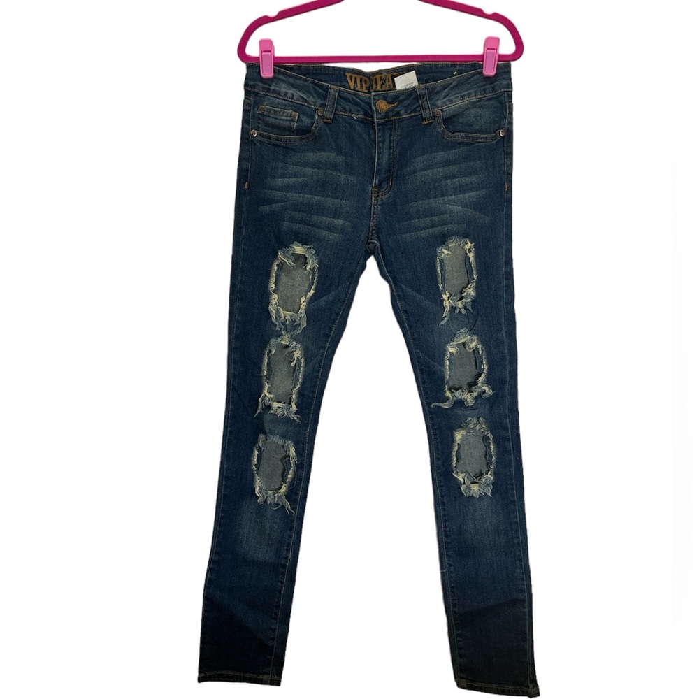 VIP Jeans Distressed Dark Blue Low Rise Skinny Denim Size 9/10